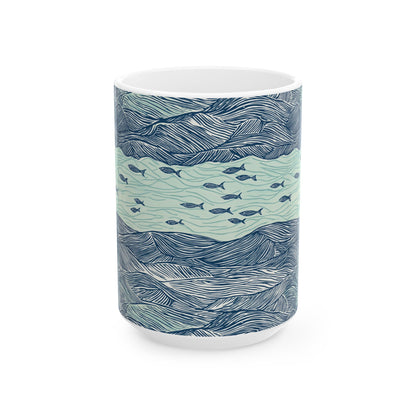 Ceramic Mug - Coastal Ocean Waves With School Of Fish