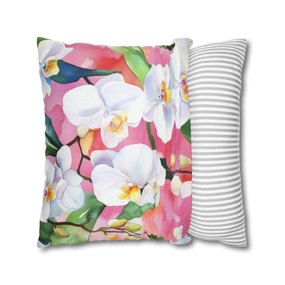 Square Pillow Cover - White Orchids On Pink Background