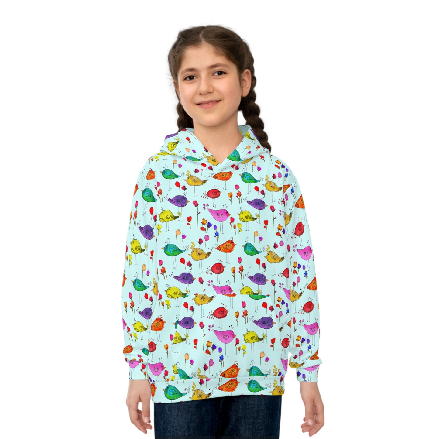 Children's Hoodie - Colorful Watercolor Silly Birds And Flowers On Blue Sky