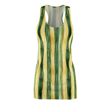 Women's Racerback Dress - Green and Gold Watercolor Stripes For Summer Fun