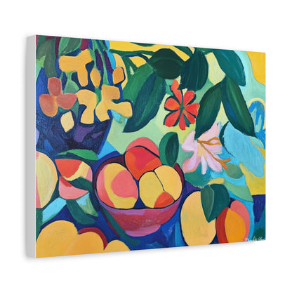 Canvas Art - Colorful Flowers And Peaches In Bowl Still Life Wall Decor