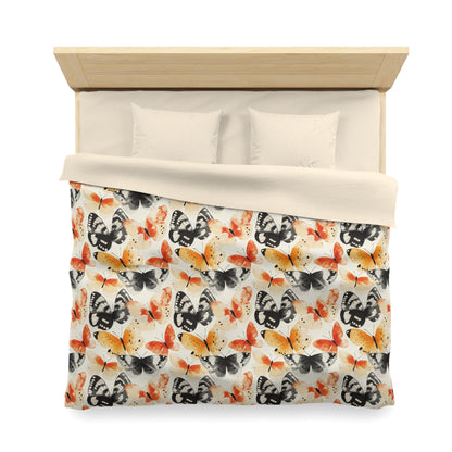 Duvet Cover - Japanese Butterflies Watercolor In Black, Orange And Yellow