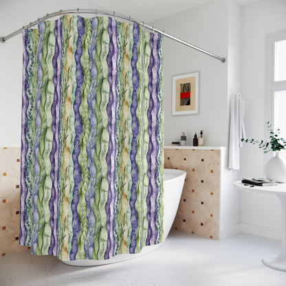 Shower Curtain - Bohemian Wavy Striped Floral With Lavender, Gold And Green