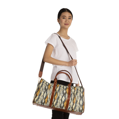 Waterproof Travel Bag - Boho Curvy Striped Black, Copper And Off White Overnighter