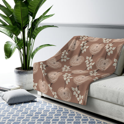 Sherpa Fleece Blanket - Mocha And Cream Rose Heart Floral Art Decor