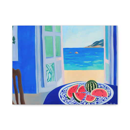 Canvas Print - Watermelon Slices On Seaside Cafe Table Coastal Wall Art