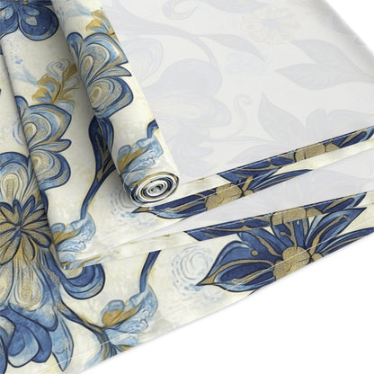 Table Runner - Ornamental Flowers In Blue, Gold And Ivory