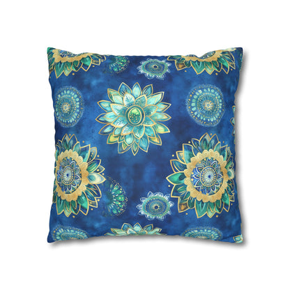 Square Pillow Cover - Coastal Blue And Gold Mandalas