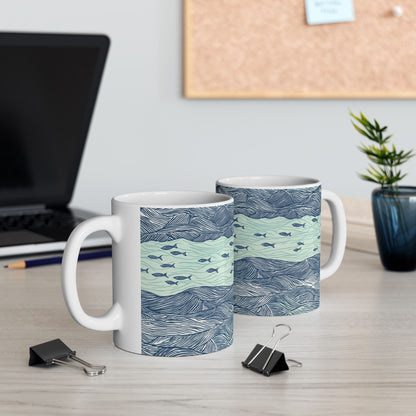 Ceramic Mug - Coastal Ocean Waves With School Of Fish