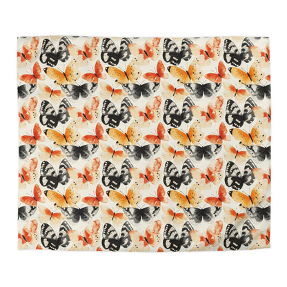 Duvet Cover - Japanese Butterflies Watercolor In Black, Orange And Yellow