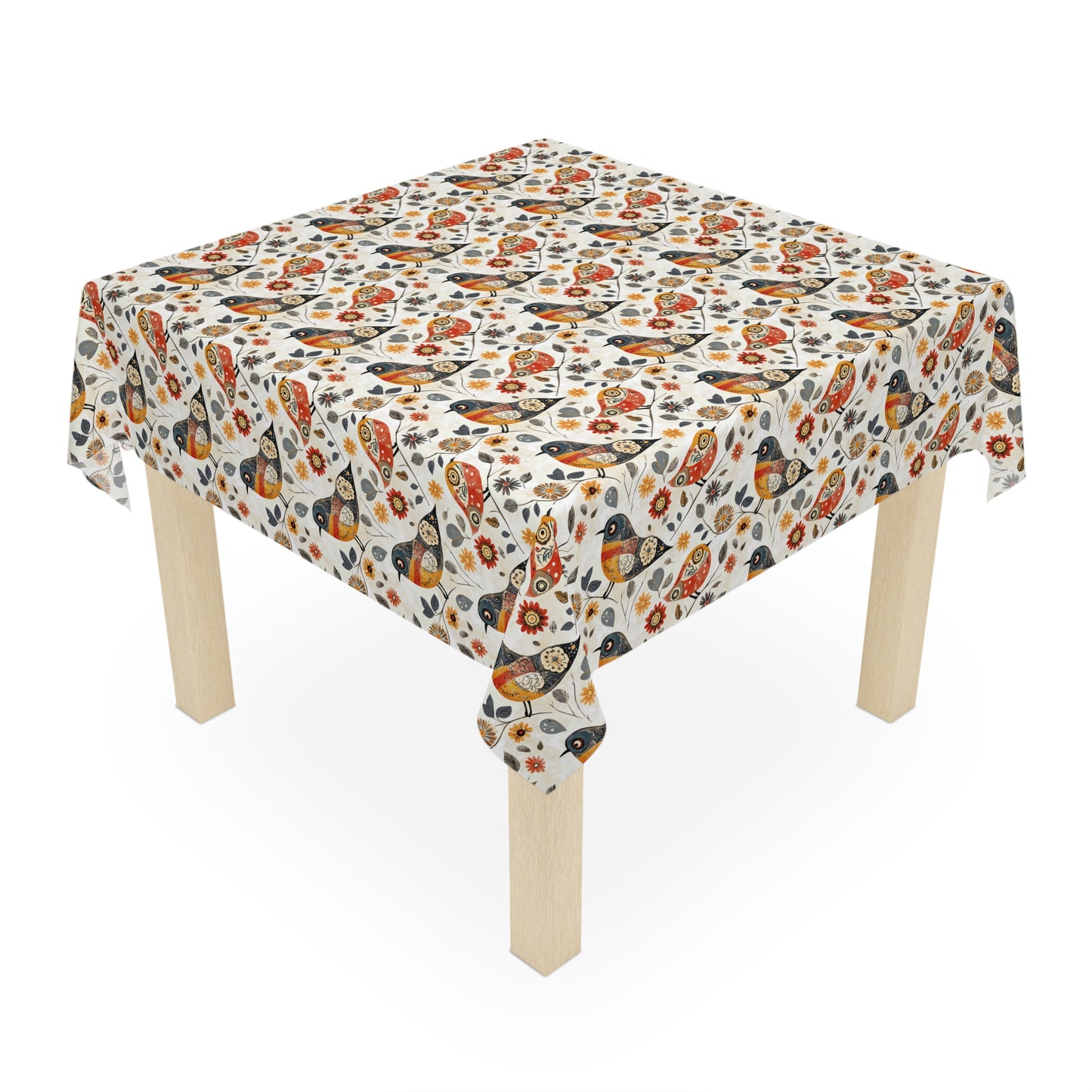 Square Tablecloth - Whimsical Colorful Bird Folk Art Pattern