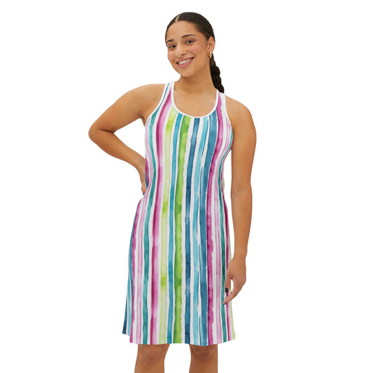 Women's Racerback Dress - Striped Aqua, Fuchsia, Chartreuse and White