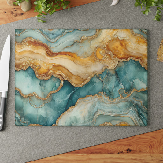 Glass Cutting Board - Geode Design, Marbled Gold and Aqua, Kitchen Decor