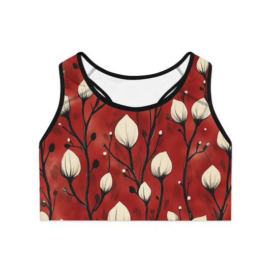 Sports Bra - White Puff Flowers On Red Wine Background