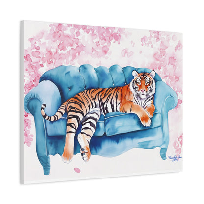 Canvas Art – Tiger Lounging On Blue Couch Wall Decor