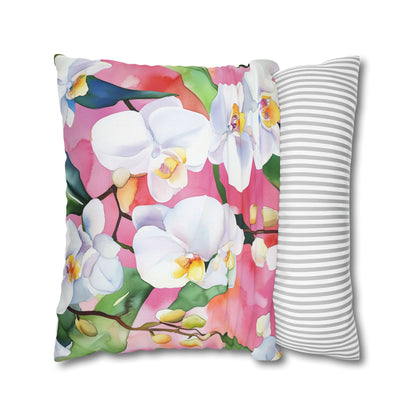 Square Pillow Cover - White Orchids On Pink Background