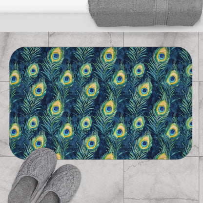 Bath Mat - Elegant Peacock Feathers In Navy, Aqua And Gold