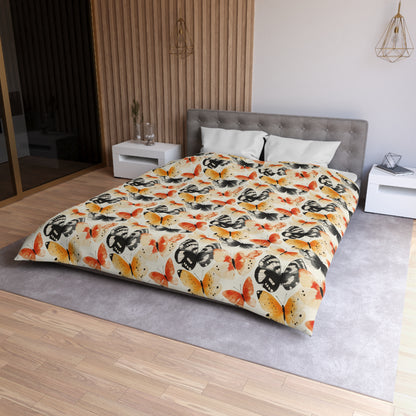 Duvet Cover - Japanese Butterflies Watercolor In Black, Orange And Yellow