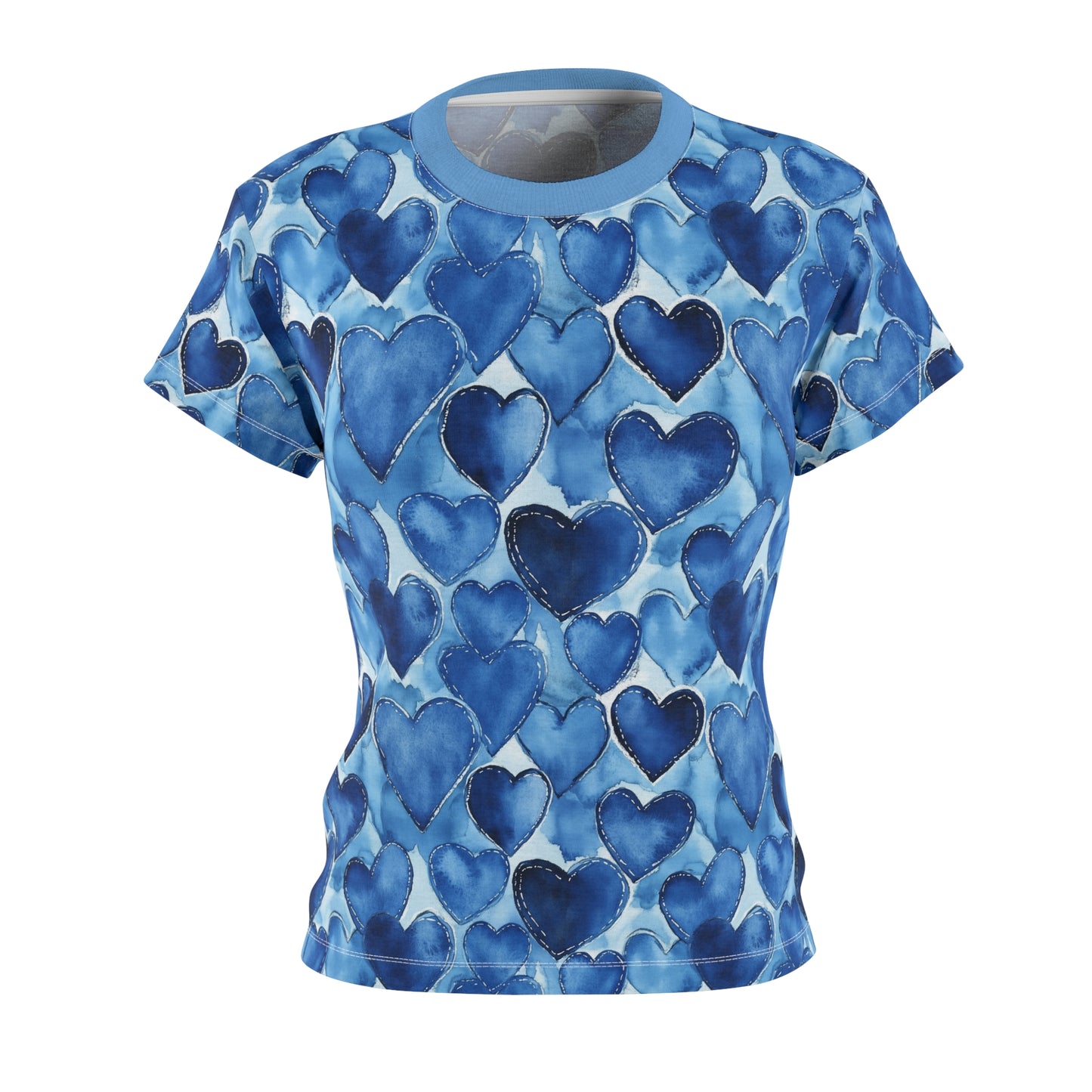 Women's Tee - Watercolor Blue Jean Hearts with Silver Stitching Outlines