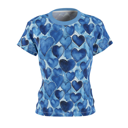 Women's Tee - Watercolor Blue Jean Hearts with Silver Stitching Outlines