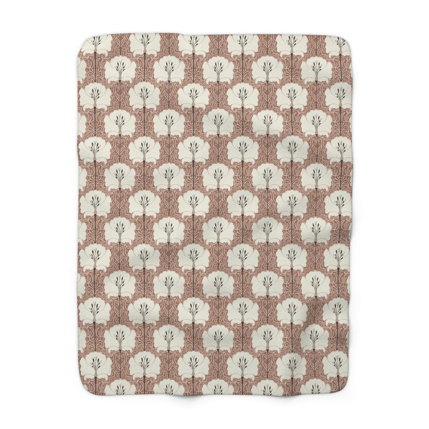 Sherpa Fleece Blanket - Mocha And Cream Poppy Flowers Art Deco