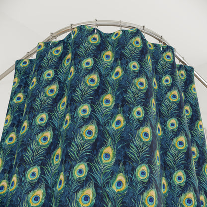 Shower Curtains - Peacock Feathers In Navy, Aqua And Gold