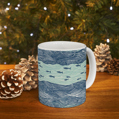 Ceramic Mug - Coastal Ocean Waves With School Of Fish