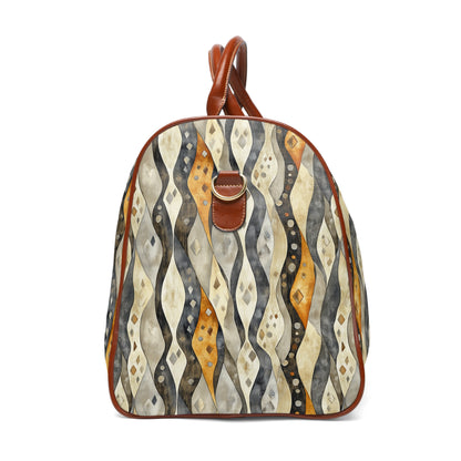 Waterproof Travel Bag - Boho Curvy Striped Black, Copper And Off White Overnighter