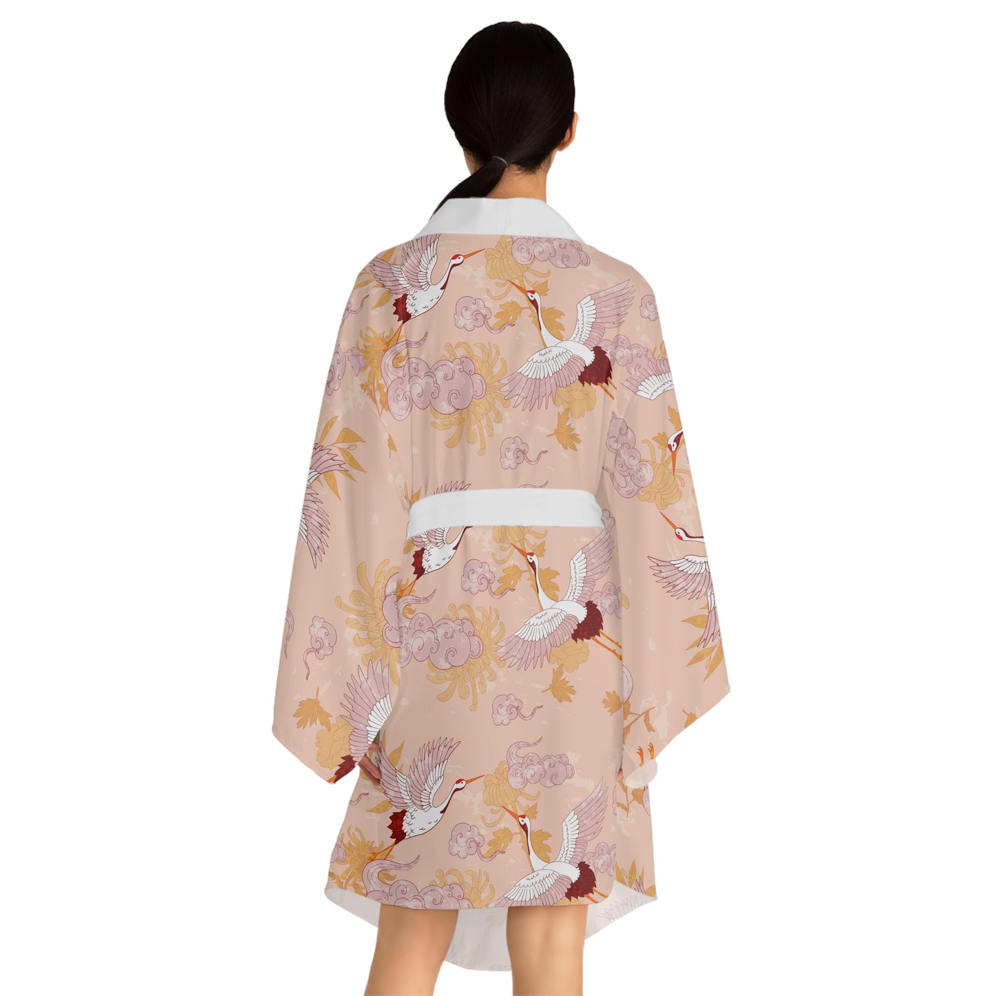 Kimono Robe - Elegant Crane Long Sleeve Bath Cover Up