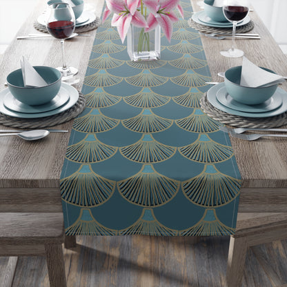 Table Runner - Mermaid Fan Design In Peacock Hues for Stylish Entertaining