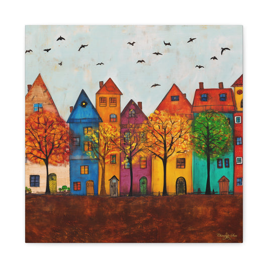 Canvas Art - Whimsical Autumn Village With Turning Leaves