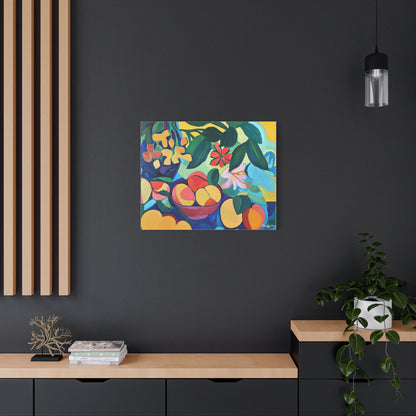 Canvas Art - Colorful Flowers And Peaches In Bowl Still Life Wall Decor
