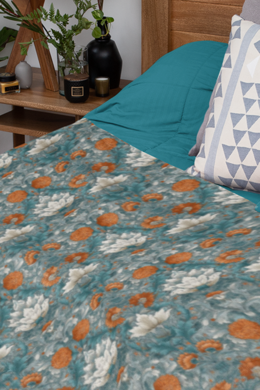 Quilted Coverlet - Elegant Floral Ogee Teal Orange And Off White